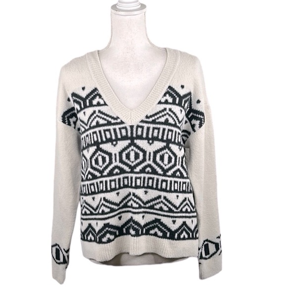 RD Style Black & Cream Tribal Oversized V-Neck Long Sleeve Knit Sweater Size XS - Picture 1 of 8